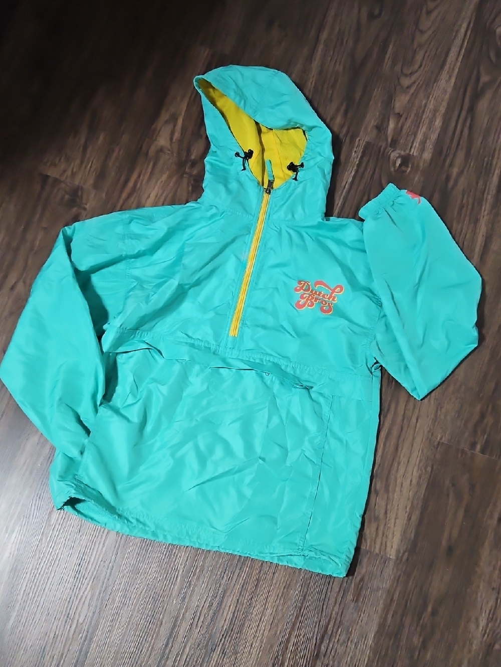 Dutch Bros Retro Teal Yellow Hooded Windbreaker Rain Jacket, size large